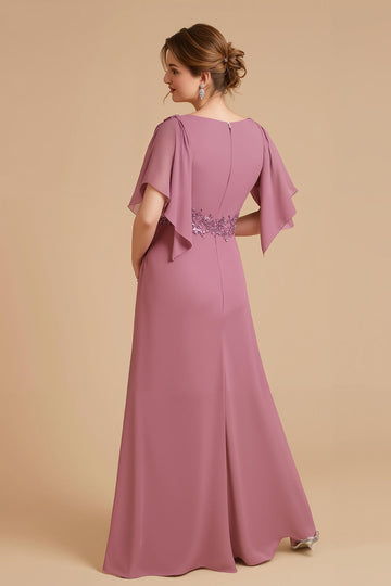 Dusty Rose A Line Flutter Sleeve Szyfonowa sukienka dla gości weselnych z aplikacjami